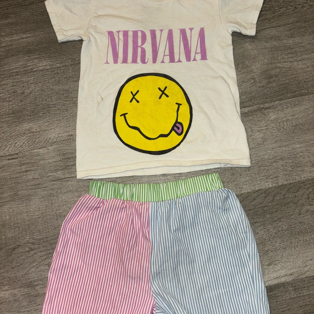 Nirvana Kids Pajama Set - Cream Top with Pink and Blue Striped Pants